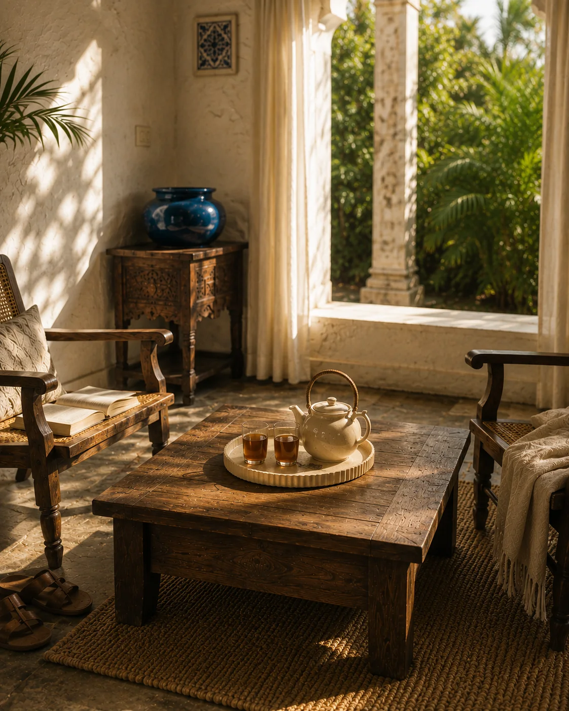 Round tray styled on a veranda